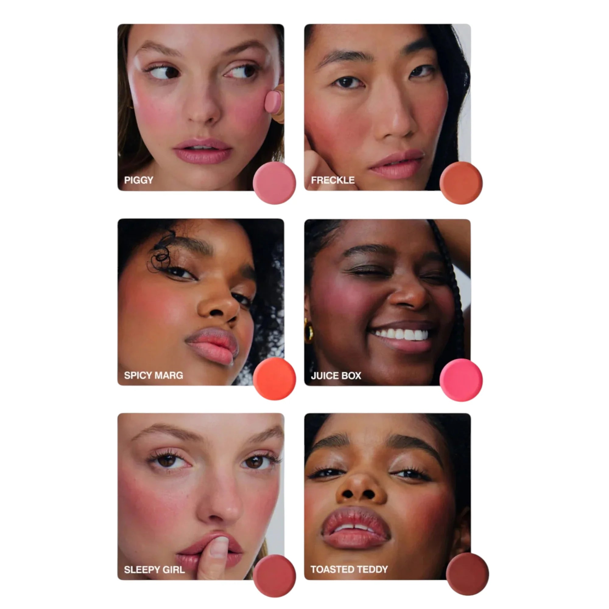Blush on six skin tones